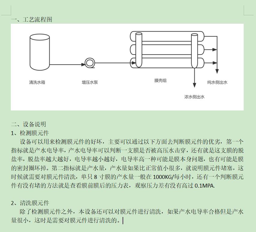 北安ro洗膜机工艺流程图及工艺说明